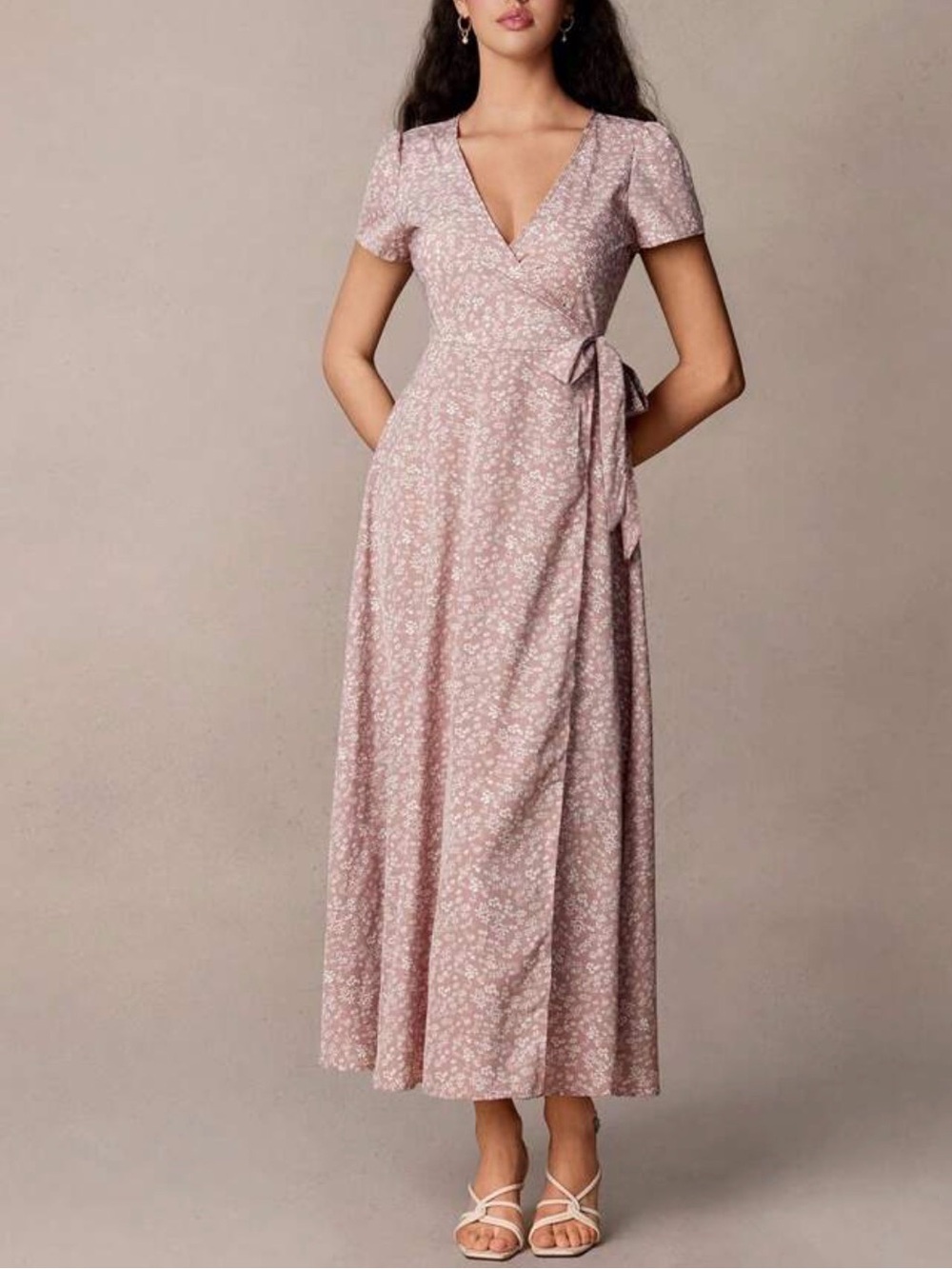 Soft Pink Floral Short-Sleeve Maxi Dress